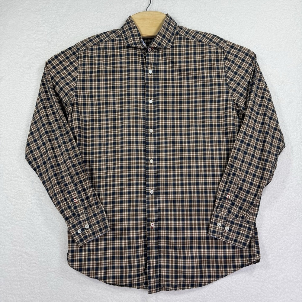 J Mclaughlin Shirt Mens Medium Brown Plaid Long Sleeve Button Down Casual Preppy
